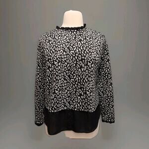 ELLE Black & White Animal Print Layered Look Twofer Knit Top Size XL Ruffle Neck